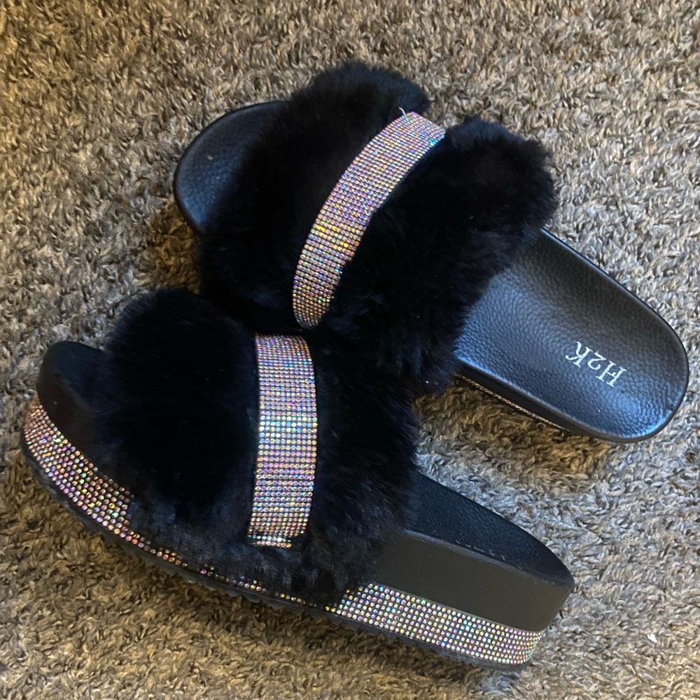 Black and Multicolor Fur Slide Sandals